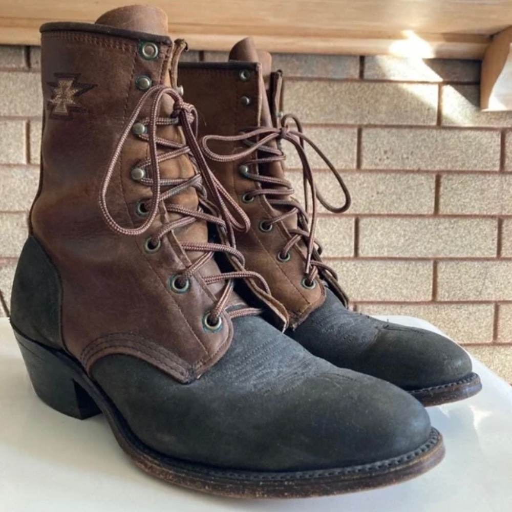 Vintage Aztec Stitched Brown/Black Leather Lace Up Heeled Boots Women’s Size 8.5